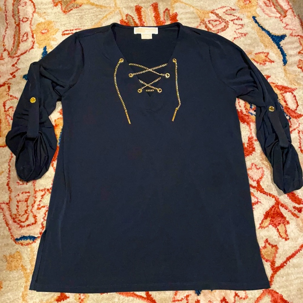 Michael Kors navy blue tunic with gold chain front